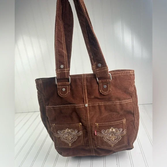 Leviโs Vintage Y2K Brown Corduroy Tote Bag Embroidered Front Pockets Unisex - Picture 10 of 10